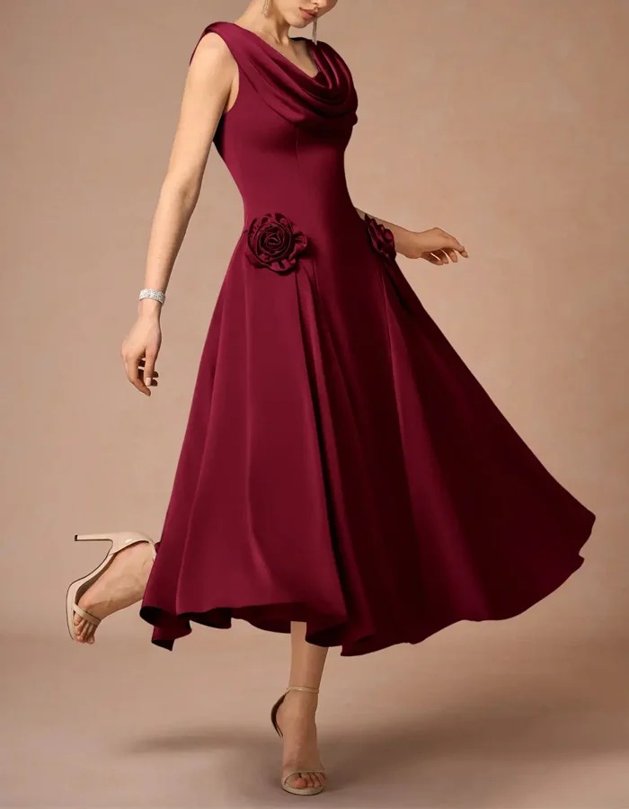 Burgundy Draped Neckline 3D Flower Sleeveless Satin Midi Dress