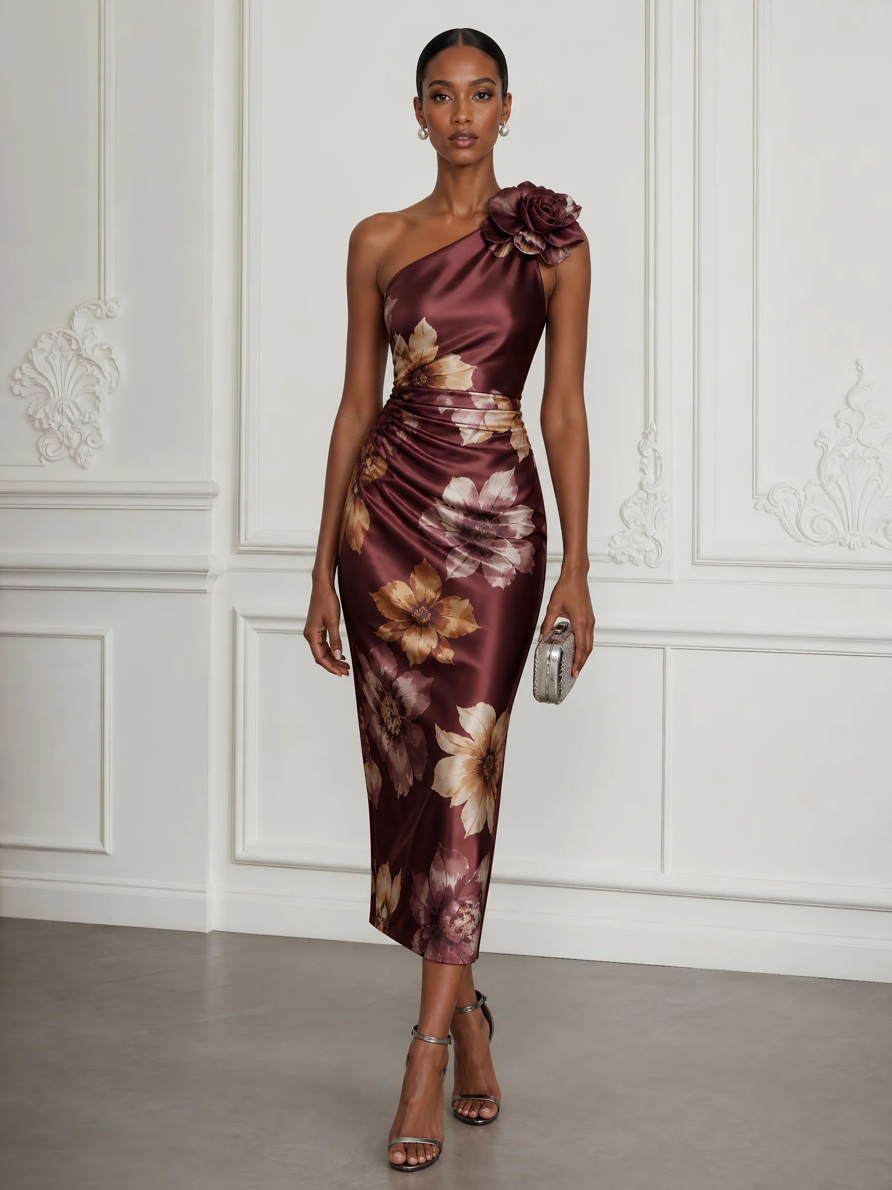 Burgundy 3D Floral Satin One Shoulder Sleeveless Sheath Midi Dress