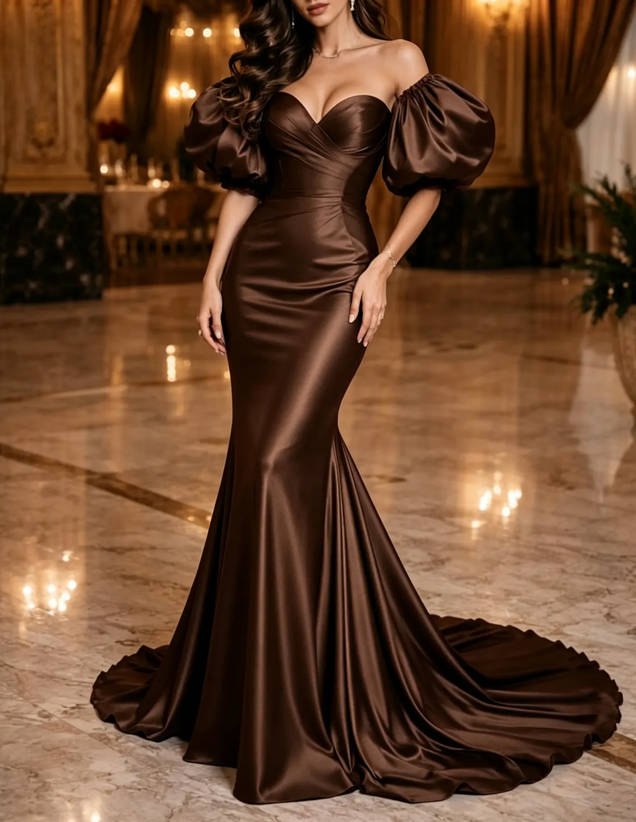 Off The Shoulder Satin Sweetheart Puff Short Sleeve Mermaid Evening Maxi Dress