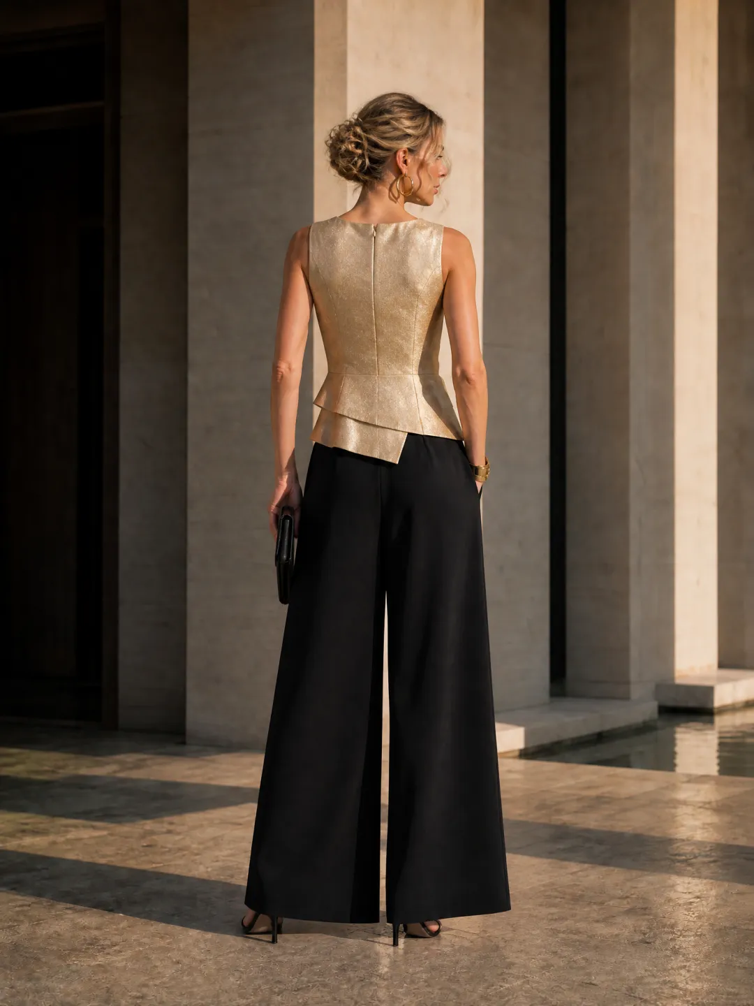Metallic Gold Round Neckline Sleeveless Asymmetric Peplum Trouser Jumpsuit Maxi Evening Gown Dress