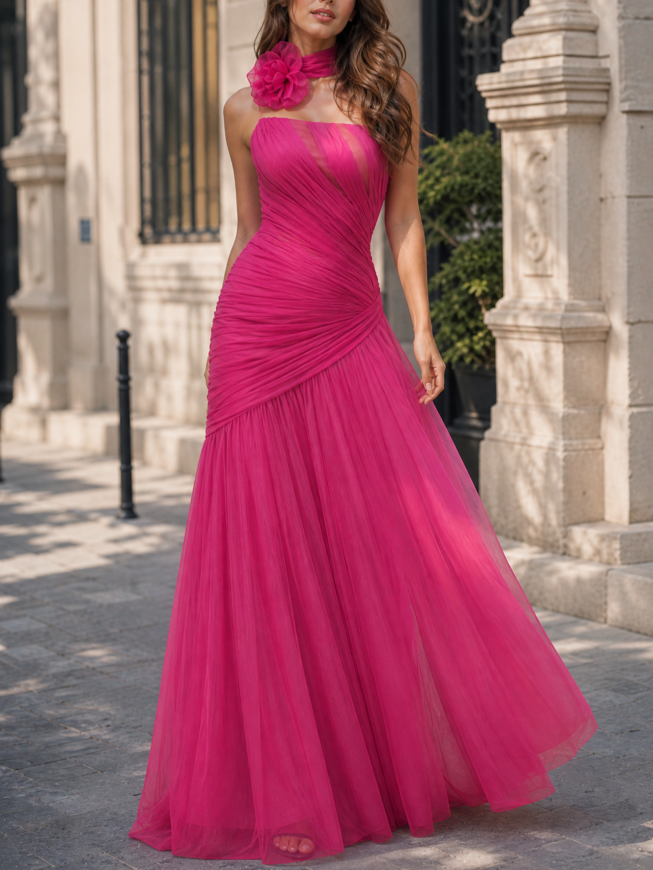 Hot Pink Strapless Ruched Tulle Formal Dress with Floral Choker
