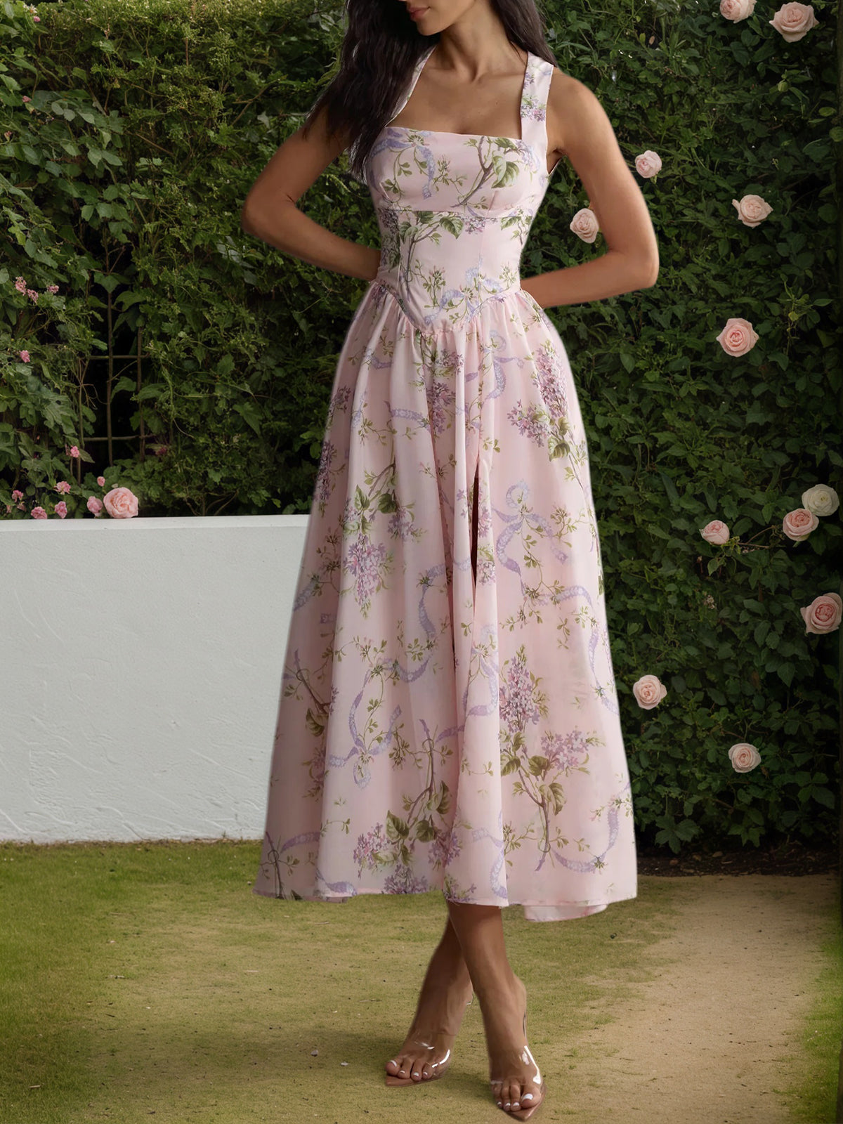 Pink Floral Print Open Back Midi Dress