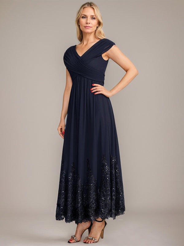 A-line V-Neck Ankle-Length Chiffon Mother of the Bride Dress With Applique Sequins