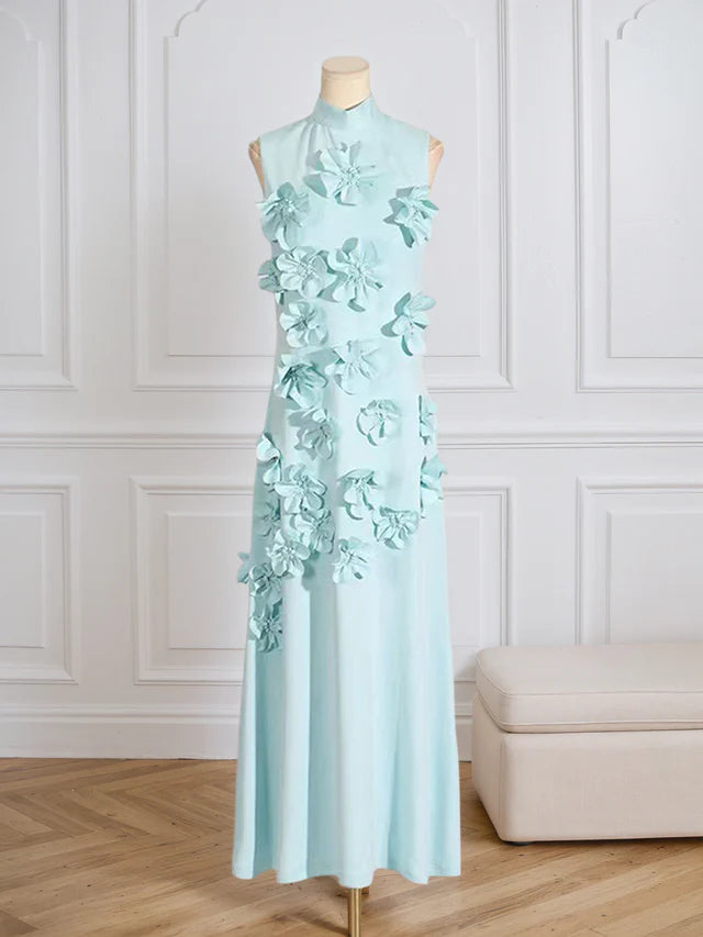 A Line High Neck Sleeveless Floor Length Stretch Crepe Dress With 3D Flowers