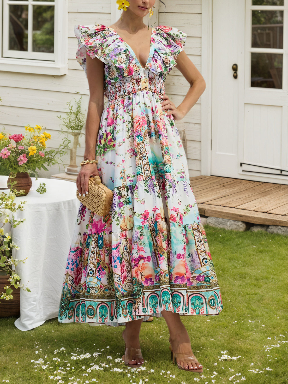 Multi Lorena Floral Print Ruffle Maxi Dress