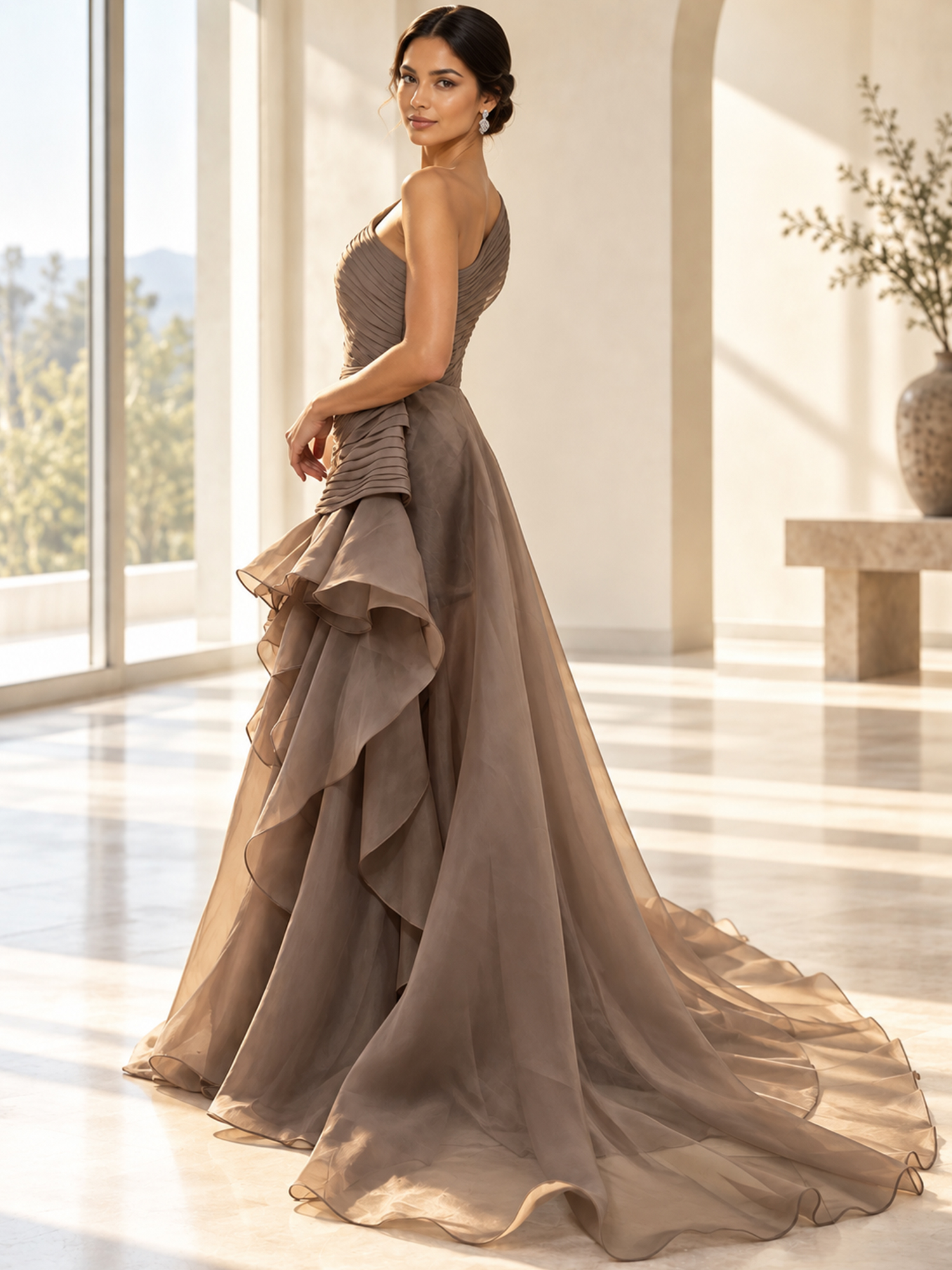 Asymmetrical One-shoulder Pleats Maxi Dress