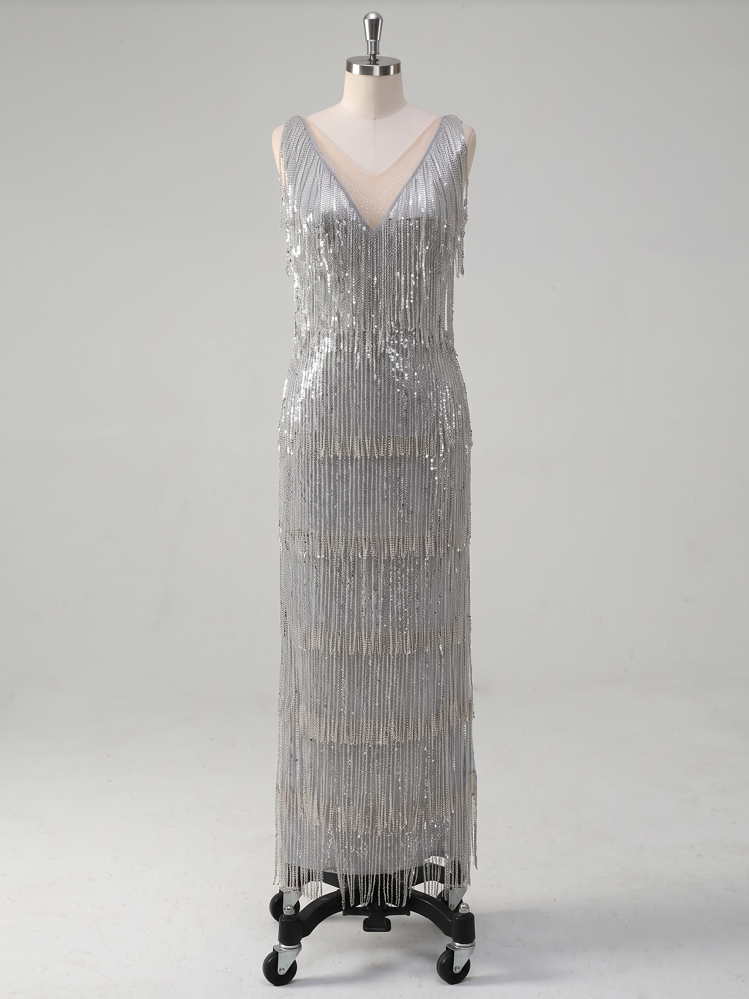 Silver Tassel Sequin V Neck Sleeveless Mermaid Maxi Dress