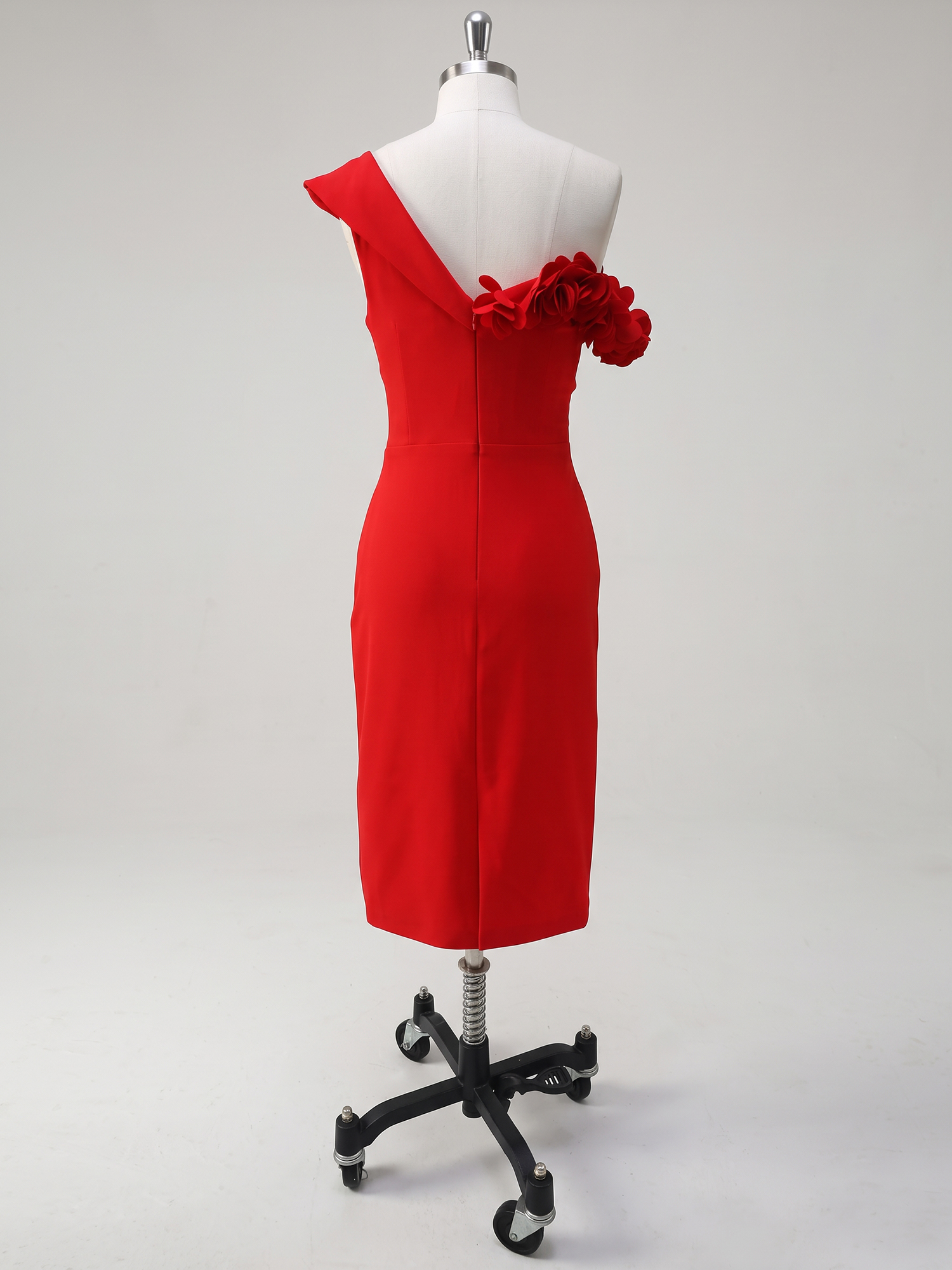 Red 3D Floral Classic Asymmetrical Sleeveless Sheath Midi Dress