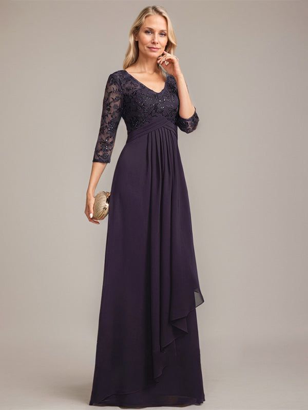 A-line V-Neck Floor-Length Lace Chiffon Mother of the Bride Dress With Cascading Ruffles Sequins