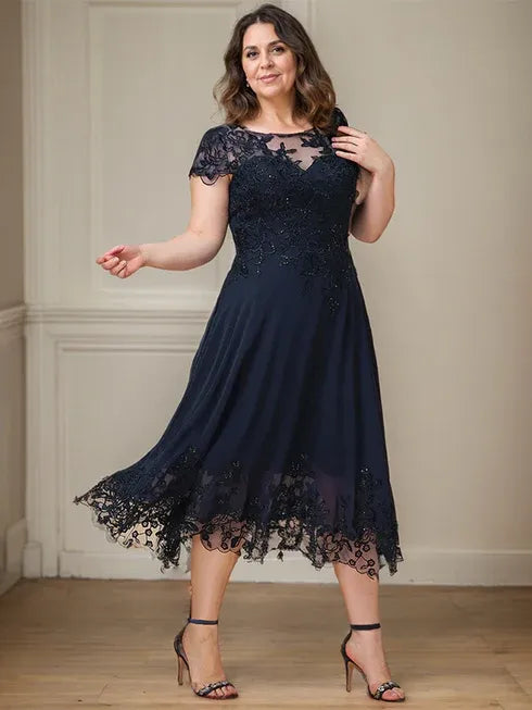 A-line Illusion Scoop Tea-Length Lace Chiffon Mother of the Bride Dress With Sequins