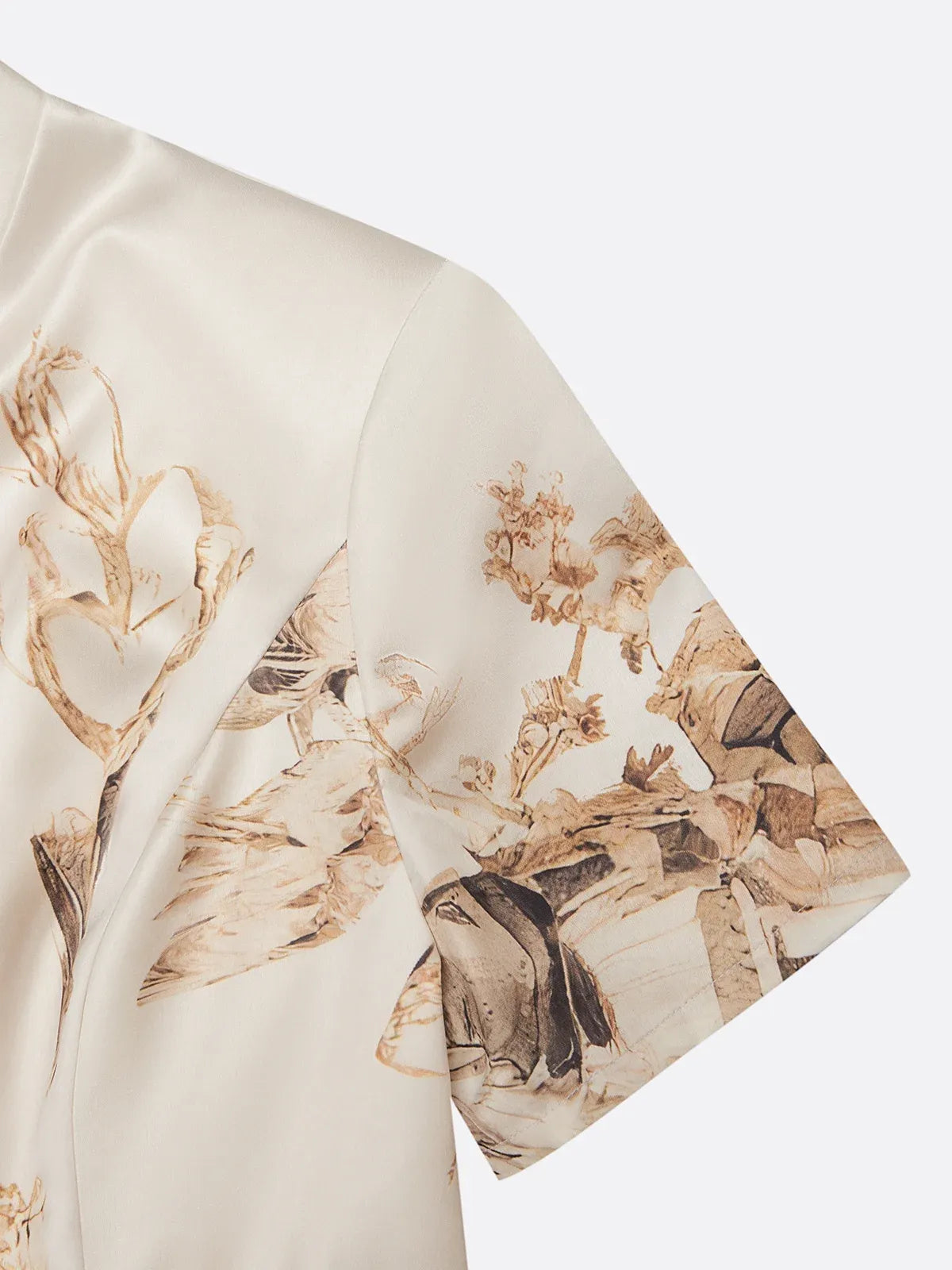 Beige Satin Floral Deep V Neck Short Sleeve Mermaid Gown Dress