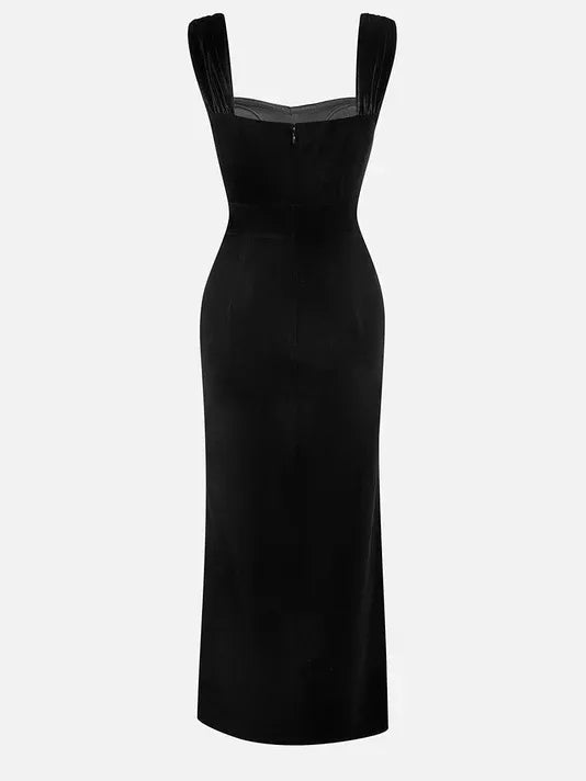 Black Lace Bow Sleeveless Mermaid Maxi Velvet Dress