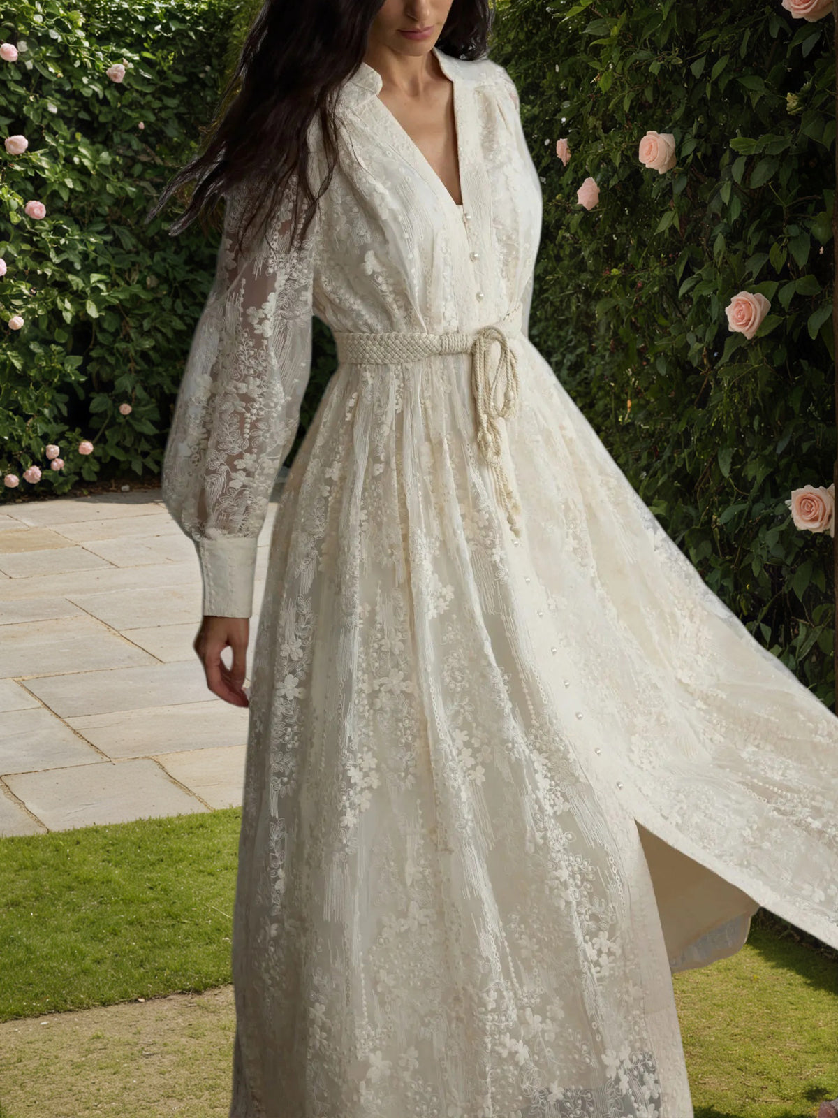 Apricot V-Neck Lace Embroidered Midi Dress