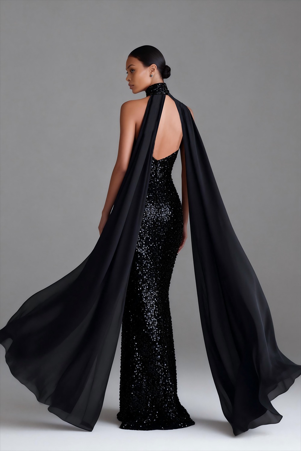 Sparkly Black High Neck Sheath Backless Maxi Formal Dress with Cape