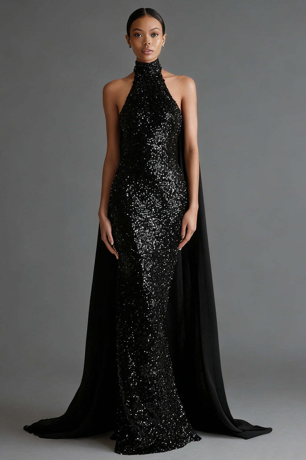 Sparkly Black High Neck Sheath Backless Maxi Formal Dress with Cape