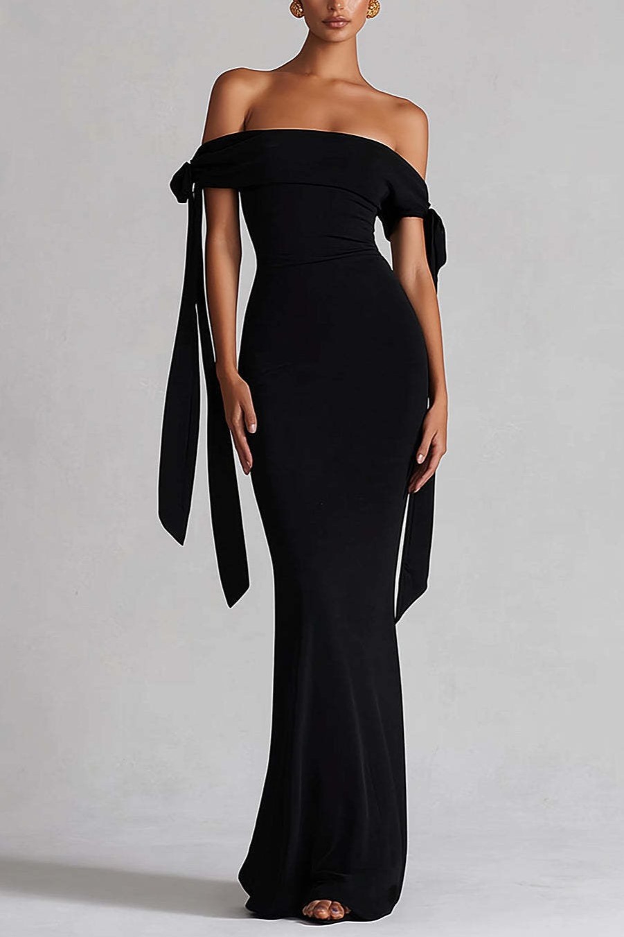 Simple Black Off the Shoulder Maxi Evening Dress with Ribbon