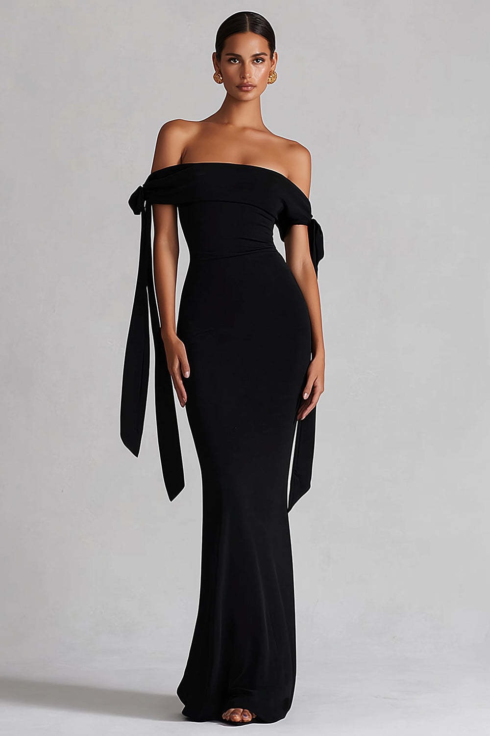 Simple Black Off the Shoulder Maxi Evening Dress with Ribbon