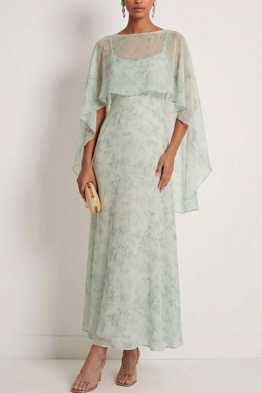 Dusty Sage Floral Spaghetti Straps Long Wedding Guest Dress with Cape