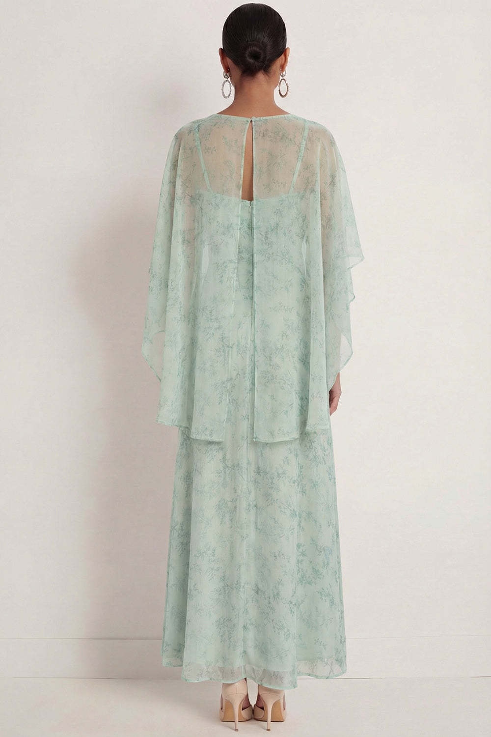 Dusty Sage Floral Spaghetti Straps Long Wedding Guest Dress with Cape