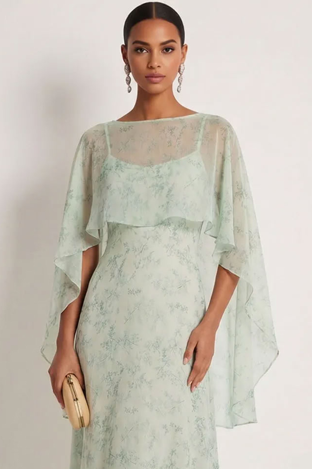 Dusty Sage Floral Spaghetti Straps Long Wedding Guest Dress with Cape