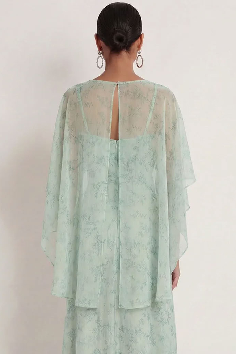 Dusty Sage Floral Spaghetti Straps Long Wedding Guest Dress with Cape