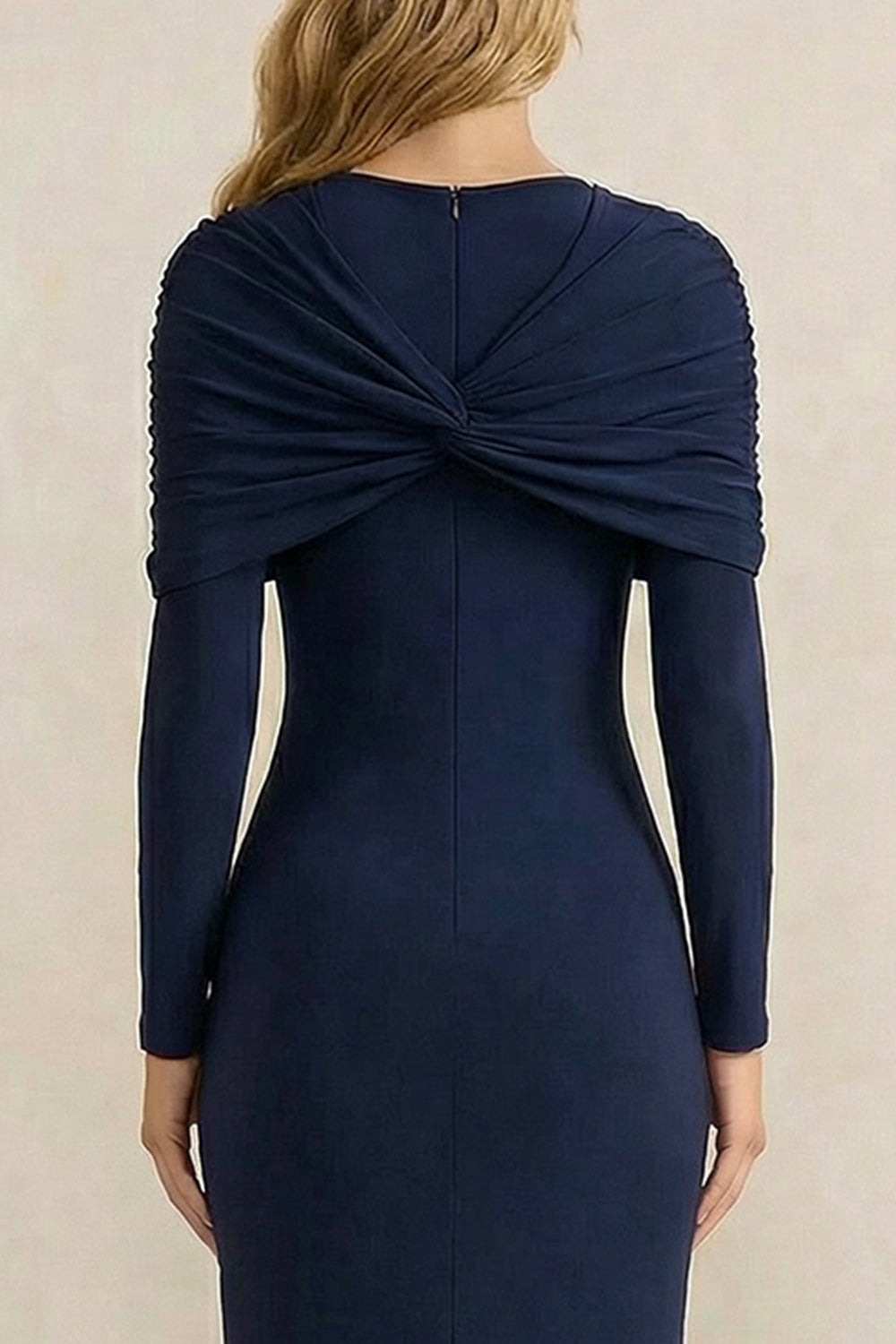 Navy Sheath Ruched Crew Neck Long Sleeves Work Dress with Slit