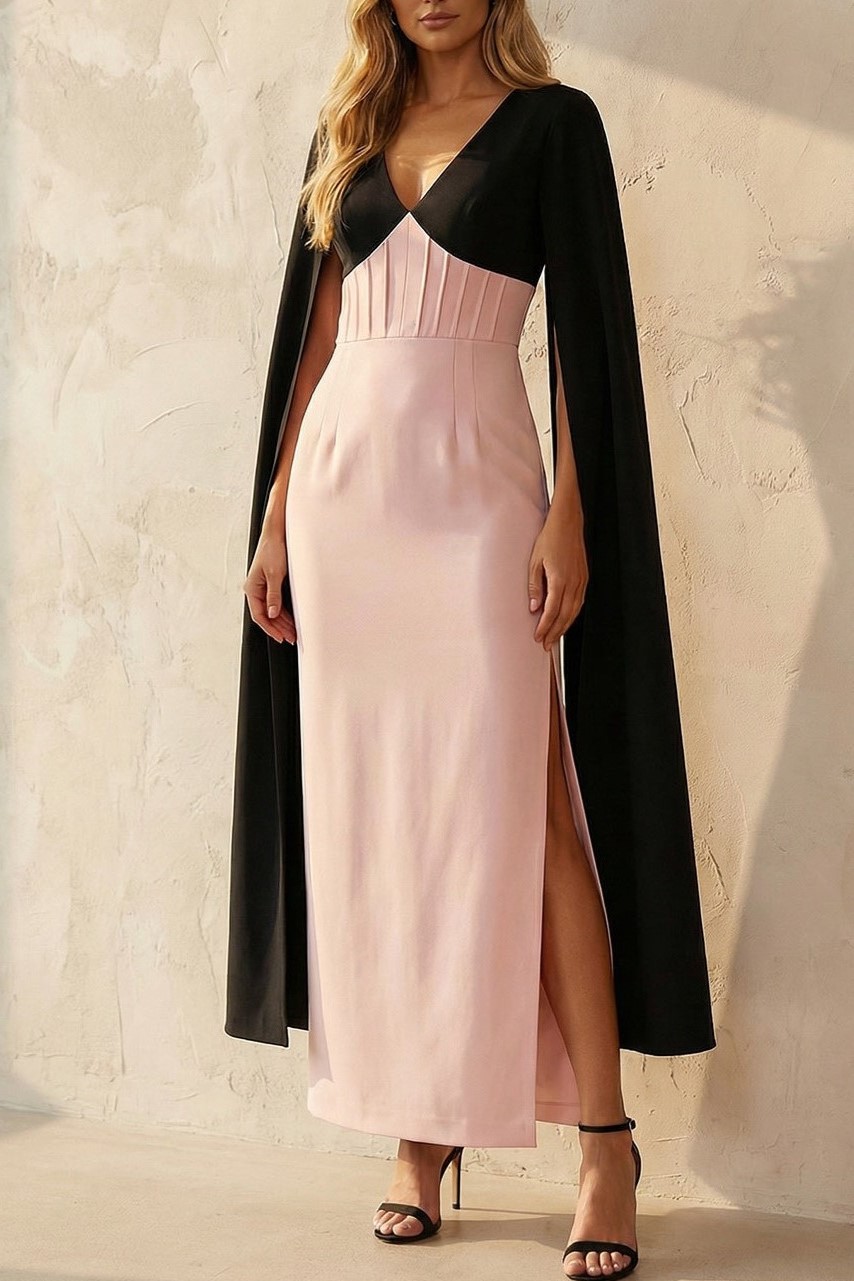 Black and Pink V-Neck Sheath Long Corset Work Dress with Slit