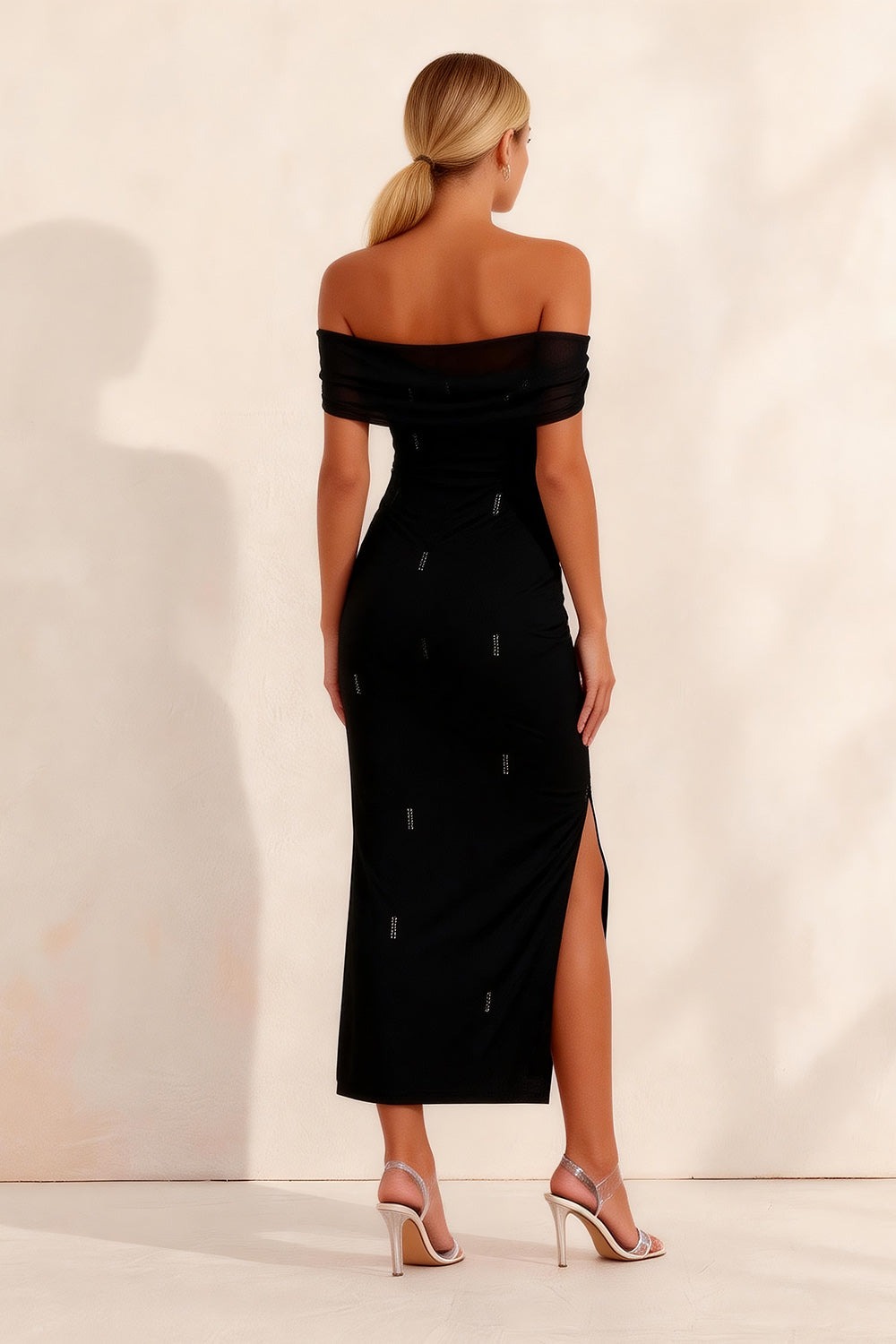 Sparkly Black Off the Shoulder Sheath Long Work Dress with Slit