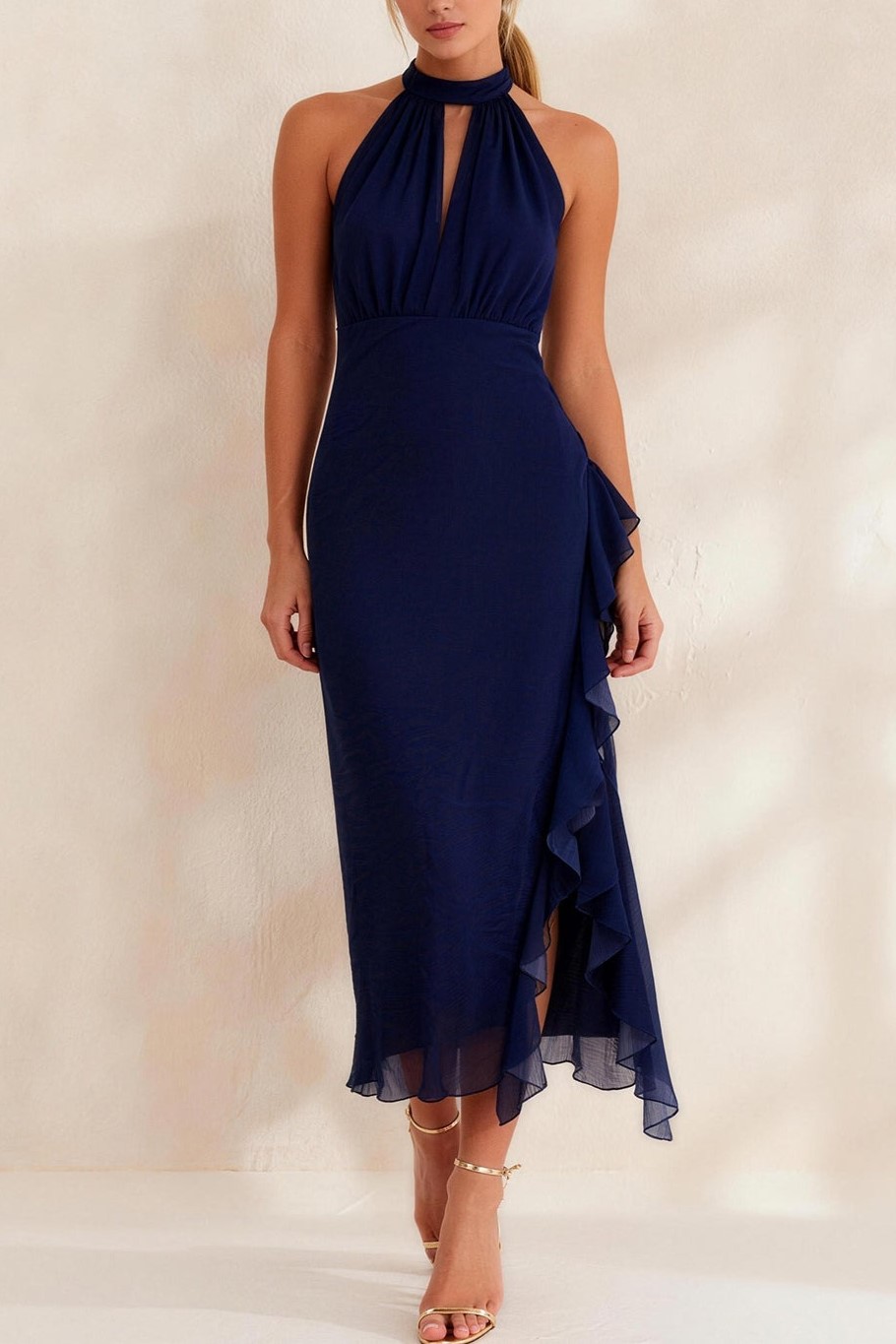 Navy Ruffled Chiffon Halter Ankle Length Work Dress with Slit