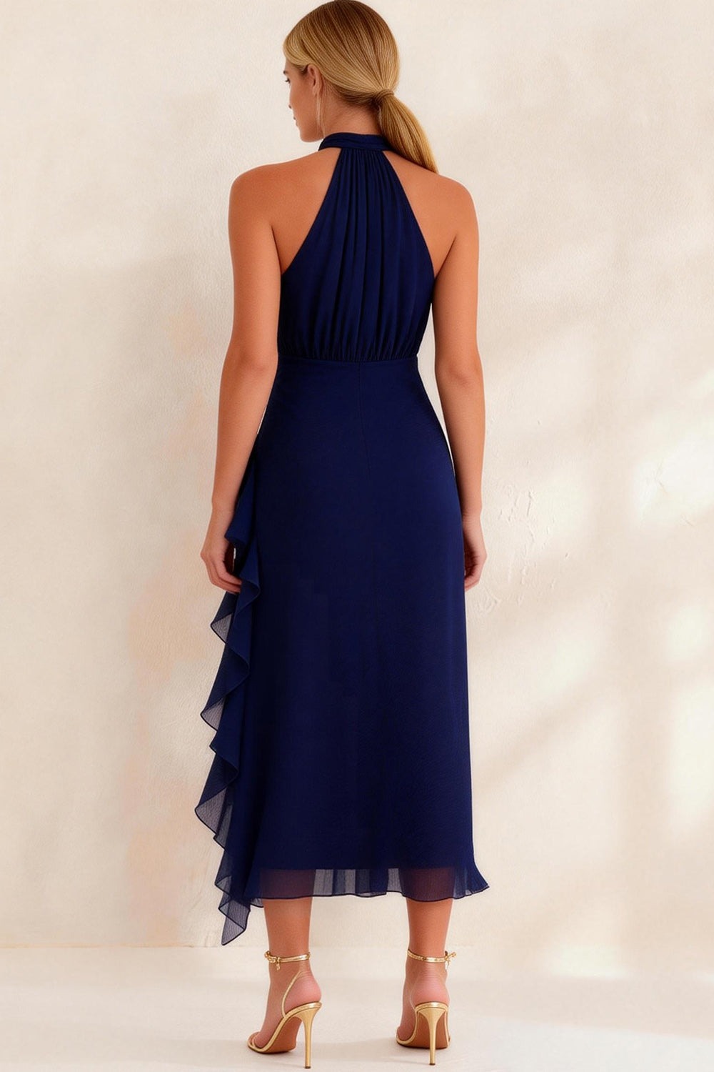 Navy Ruffled Chiffon Halter Ankle Length Work Dress with Slit
