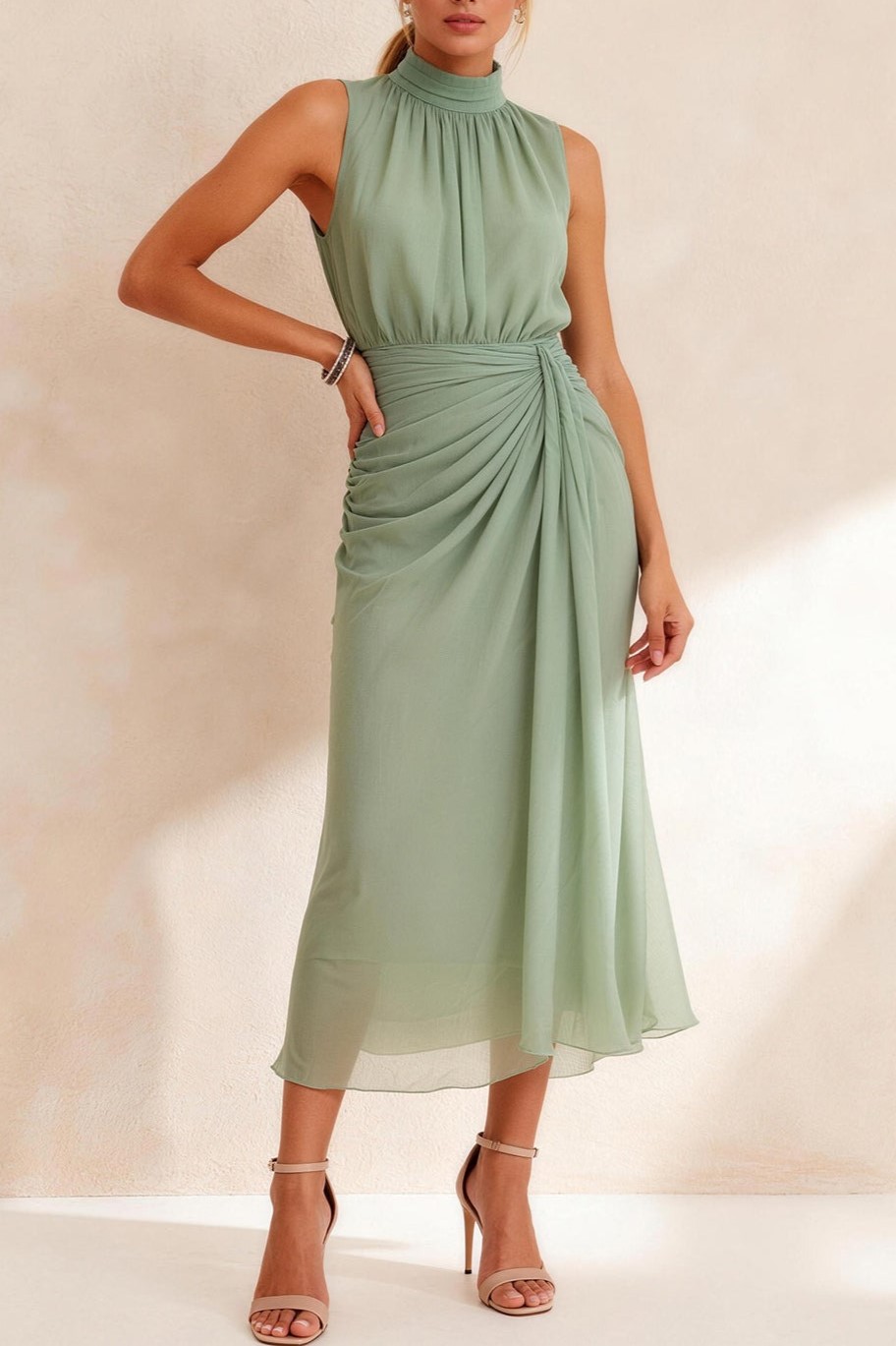 Sage Green Ruched Chiffon Sheath High Neck Midi Work Dress