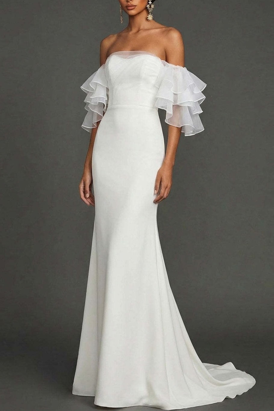 White Mermaid Off the Shoulder Ruffled Long Wedding Reception Dress