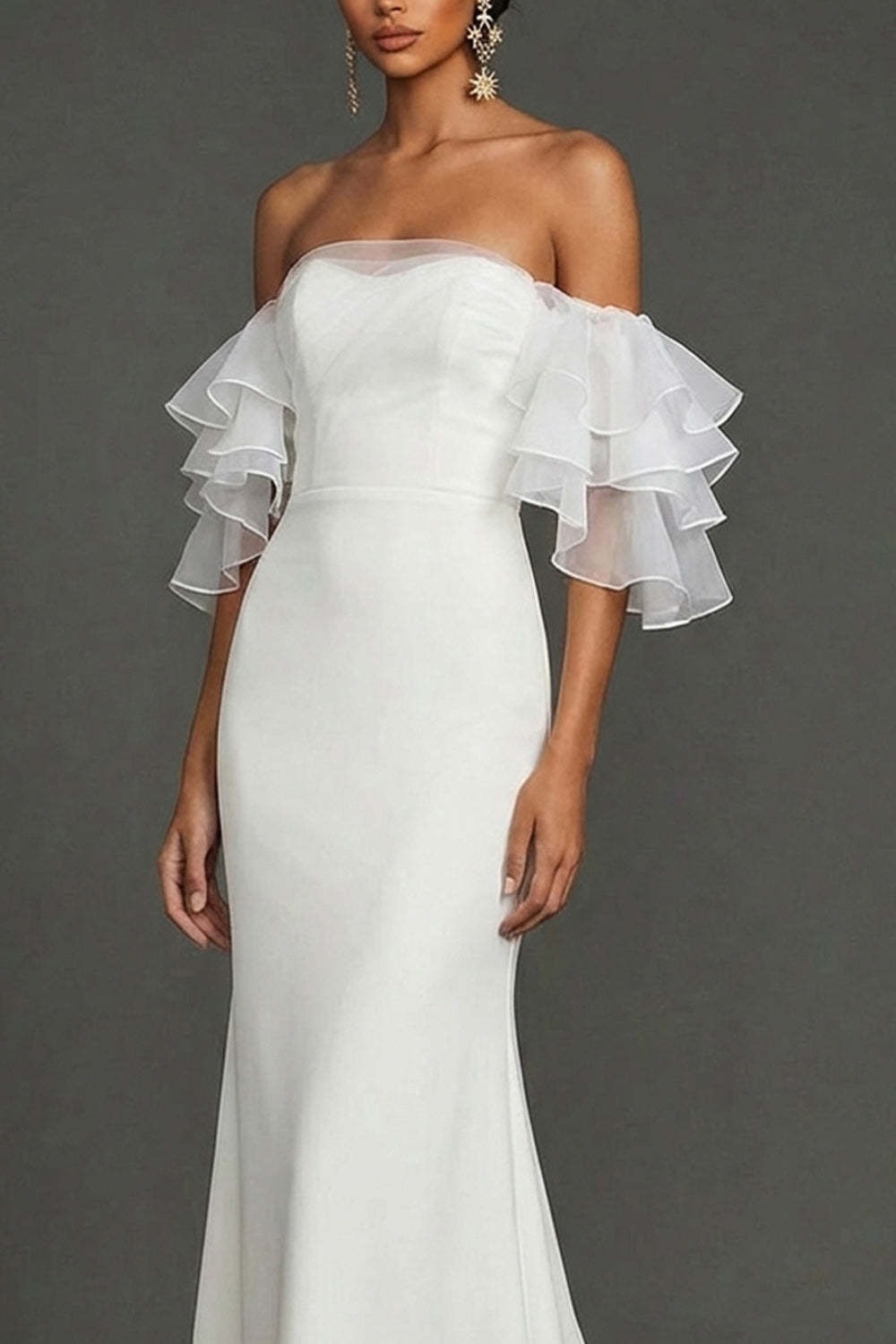 White Mermaid Off the Shoulder Ruffled Long Wedding Reception Dress