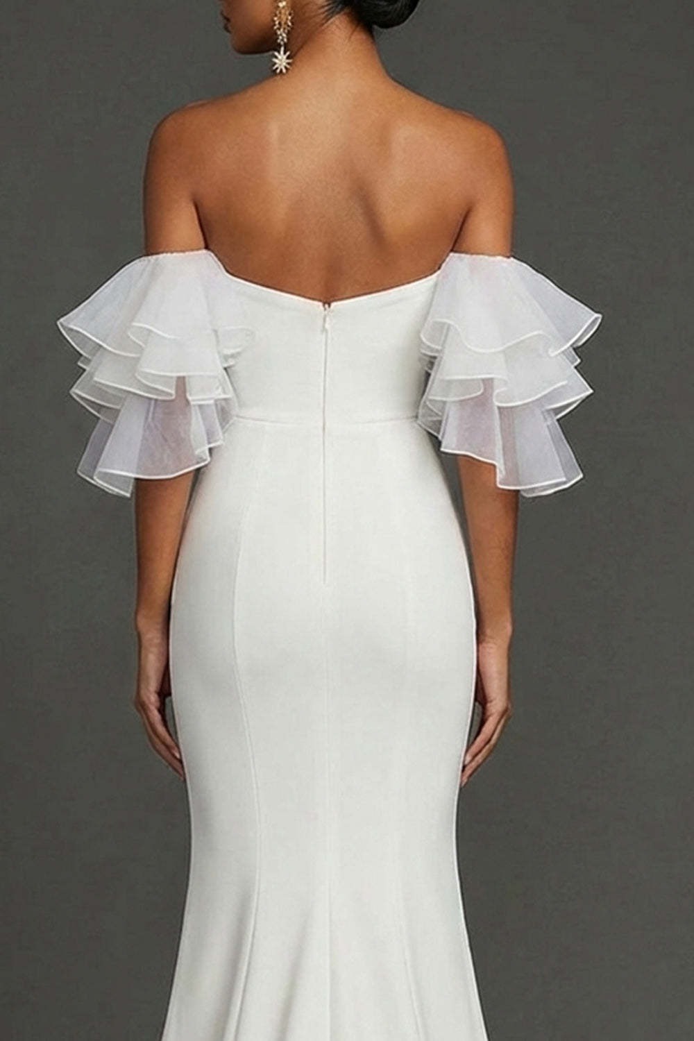 White Mermaid Off the Shoulder Ruffled Long Wedding Reception Dress