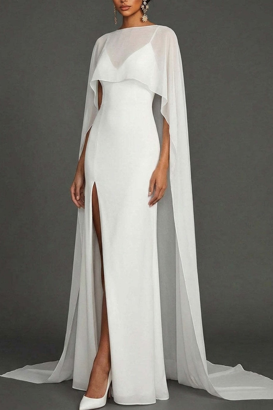 White Mermaid Spaghetti Straps Long Wedding Reception Dress with Slit