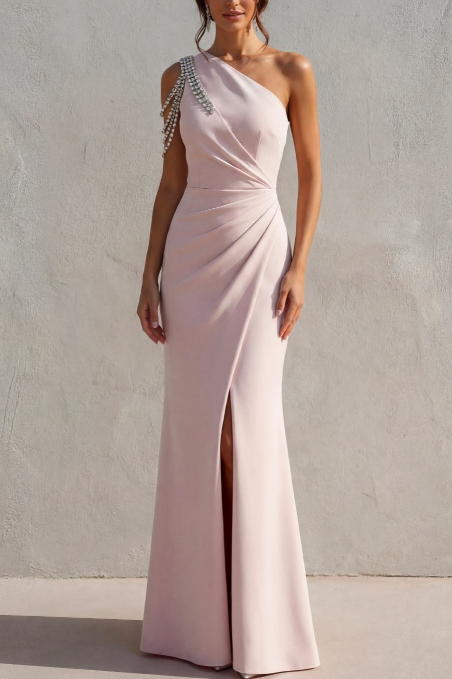 Rose Pink Formal Evening Dress One Shoulder Maxi Dress with Slit