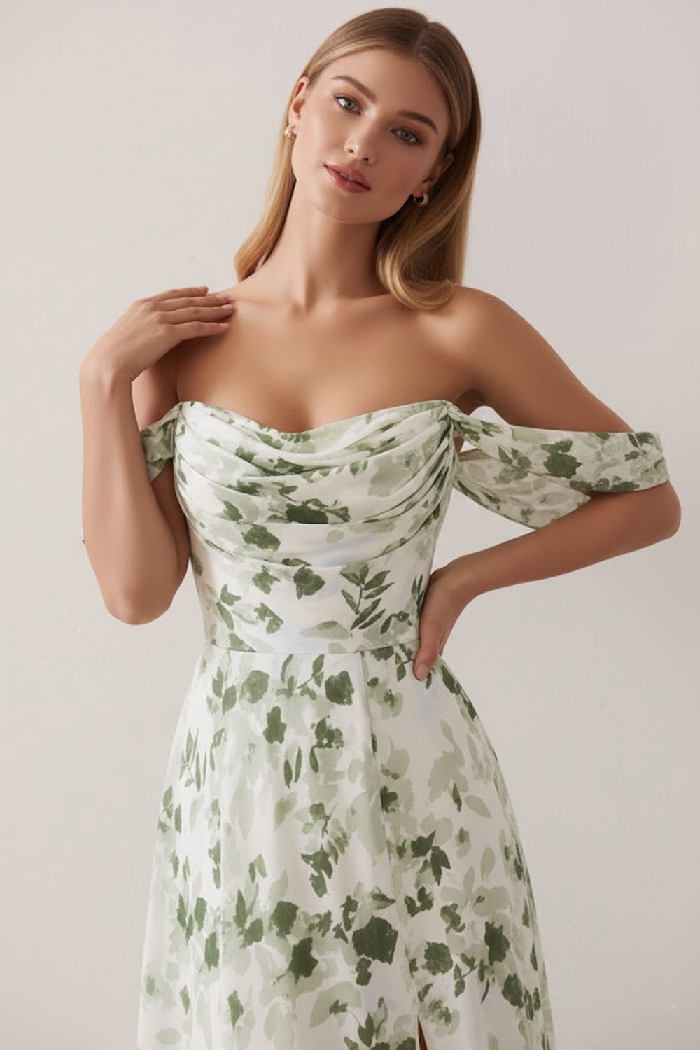 Green Floral Wedding Guest Dress Off the Shoulder Maxi Dress with Slit