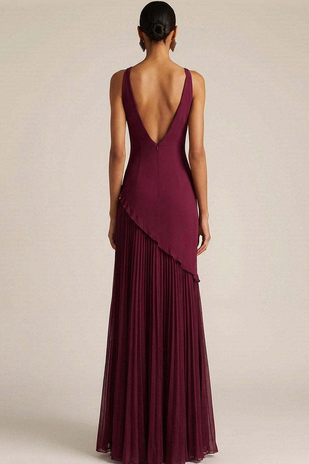 Burgundy V-Neck Mermaid Backless Long Formal Dress