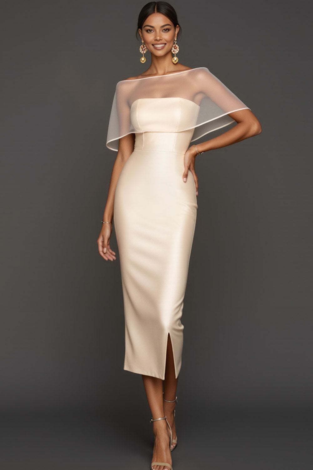 Champagne Satin Sheath Long Wedding Guest Dress with Cape