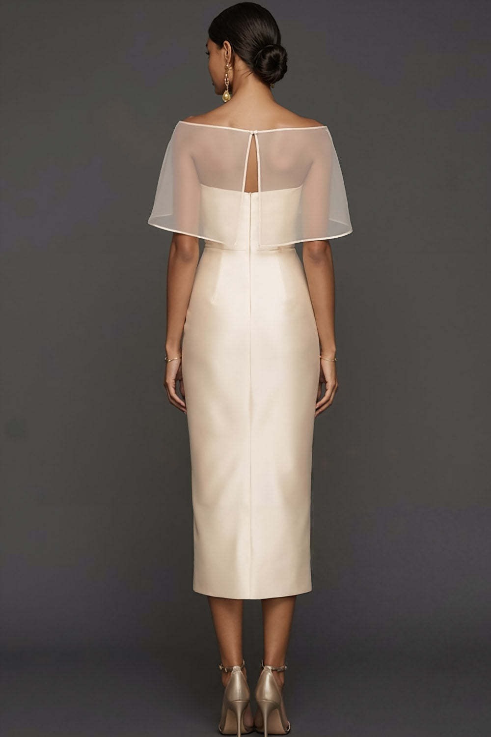 Champagne Satin Sheath Long Wedding Guest Dress with Cape