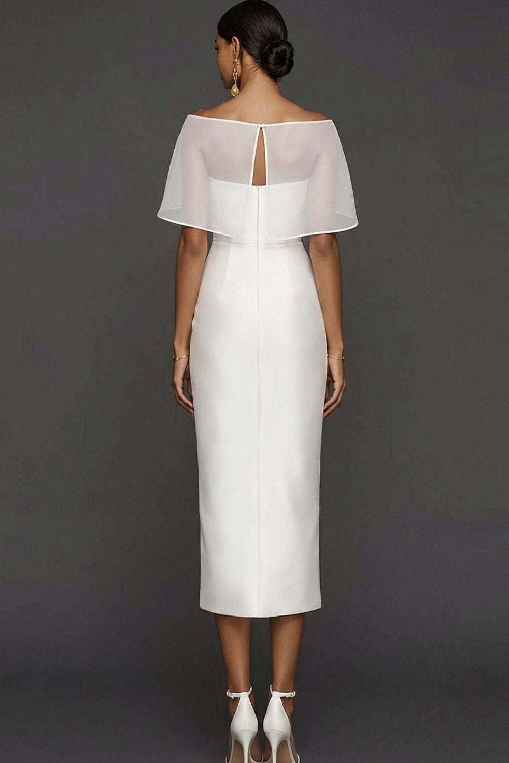 Champagne Satin Sheath Long Wedding Guest Dress with Cape