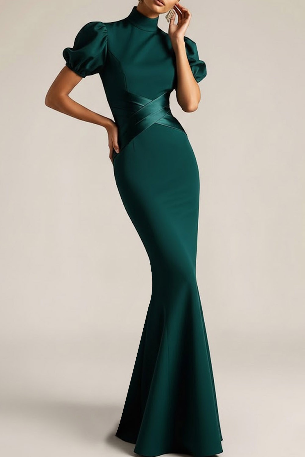 Emerald Green Formal Dress Mermaid High Neck Puff Sleeve Maxi Dress