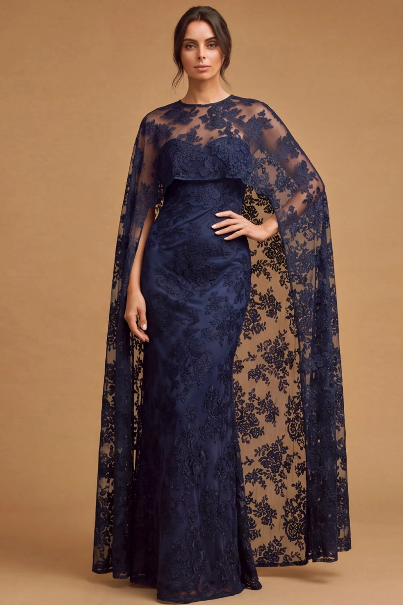 Black Formal Evening Dress Mermaid Strapless Lace Maxi Dress with Cape