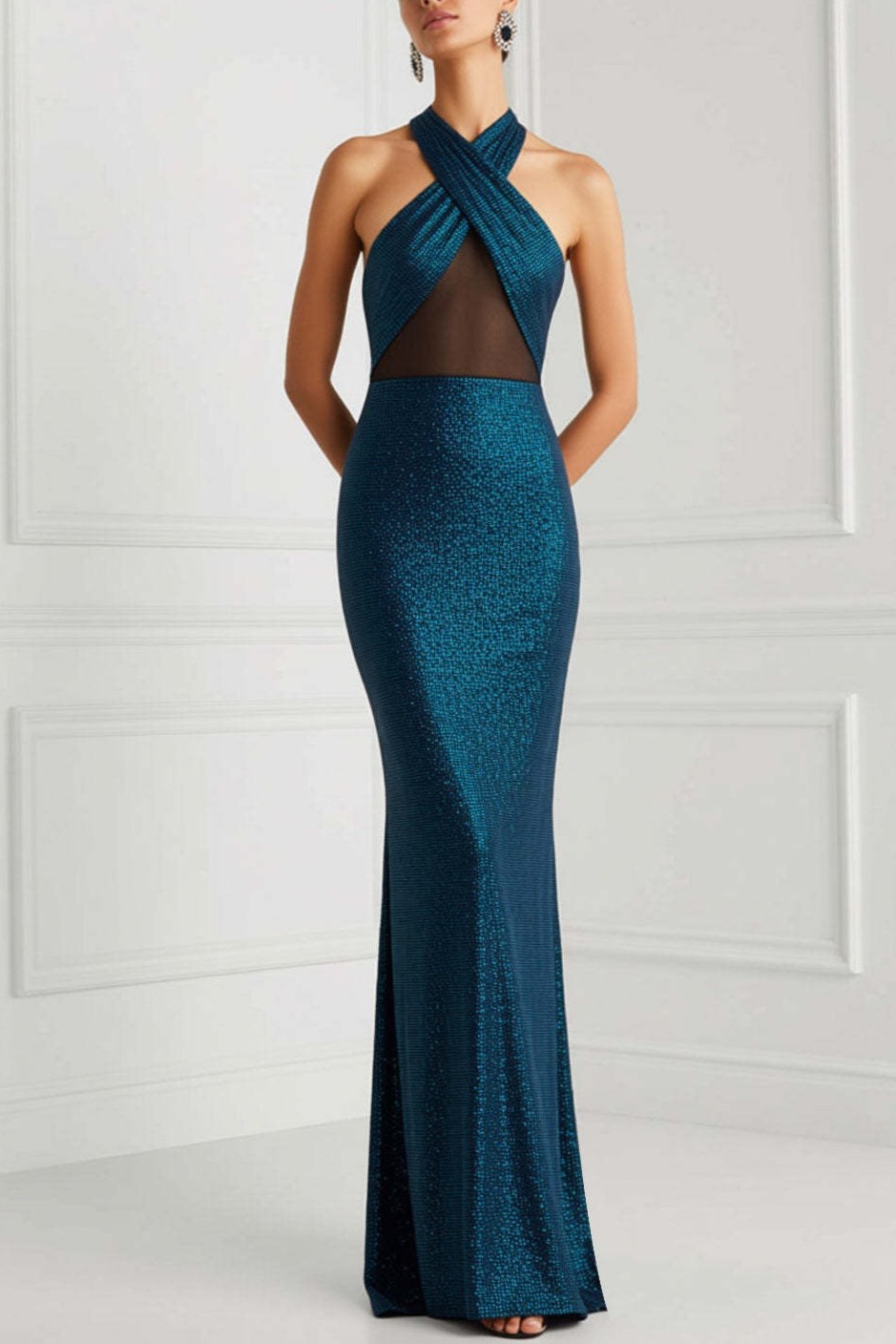 Blue Cross Halter Neck Mermaid Maxi Backless Formal Dress