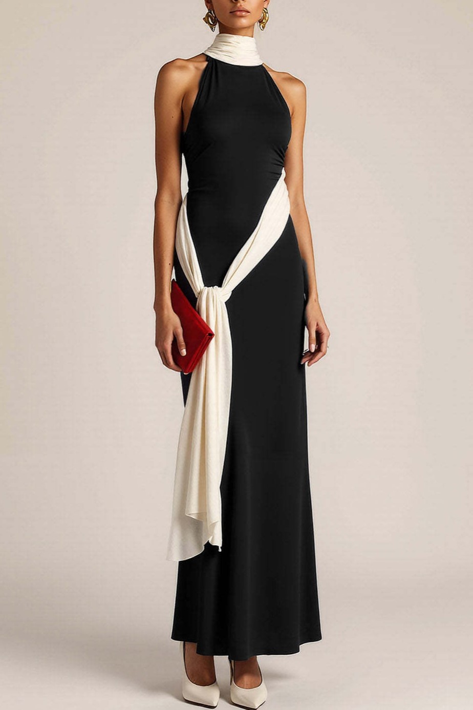 Black High Neck Sheath Long Formal Dress with Sash