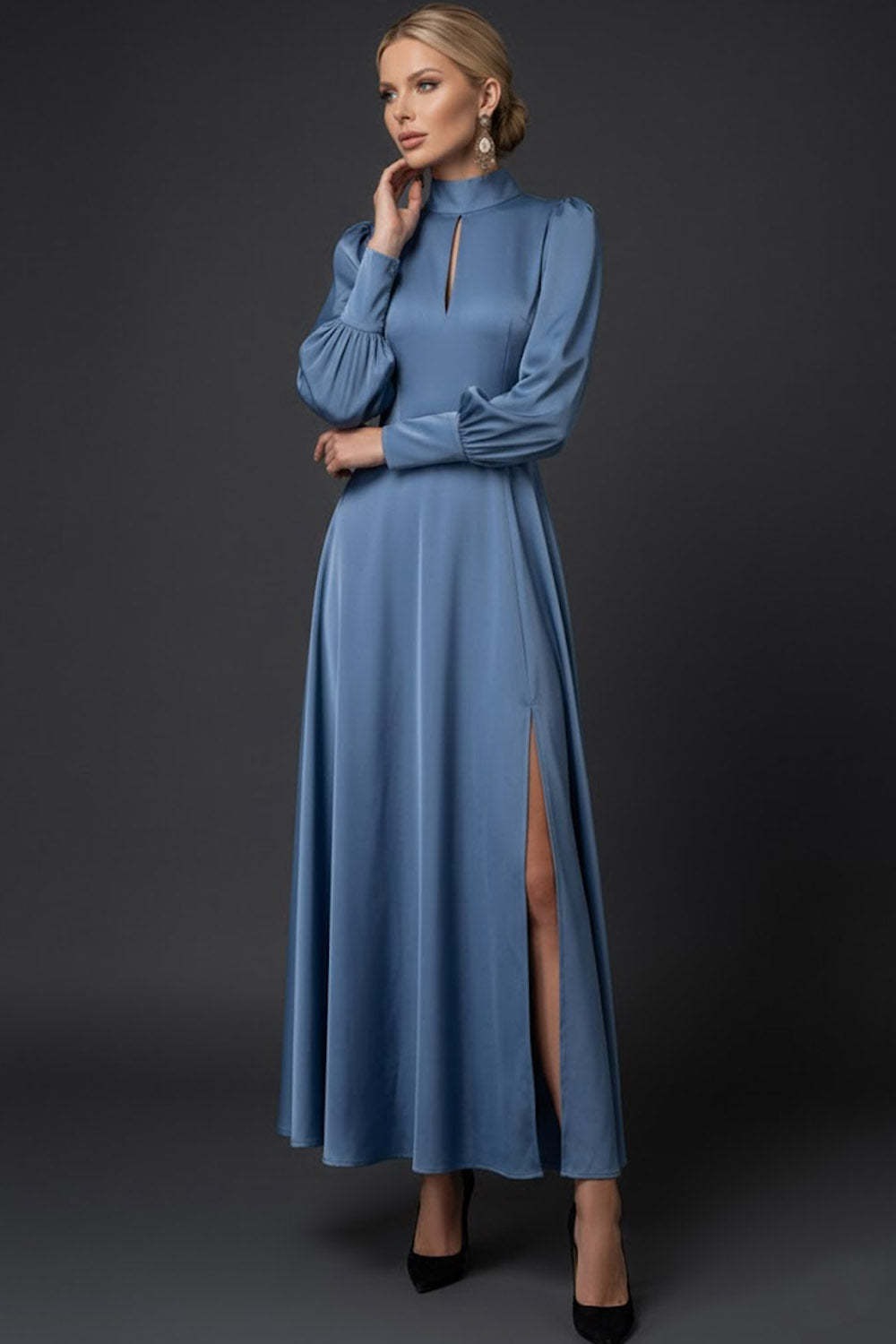 Dusty Blue High Neck Keyhole A Line Long Mother of the Bride Dress with Sleeves