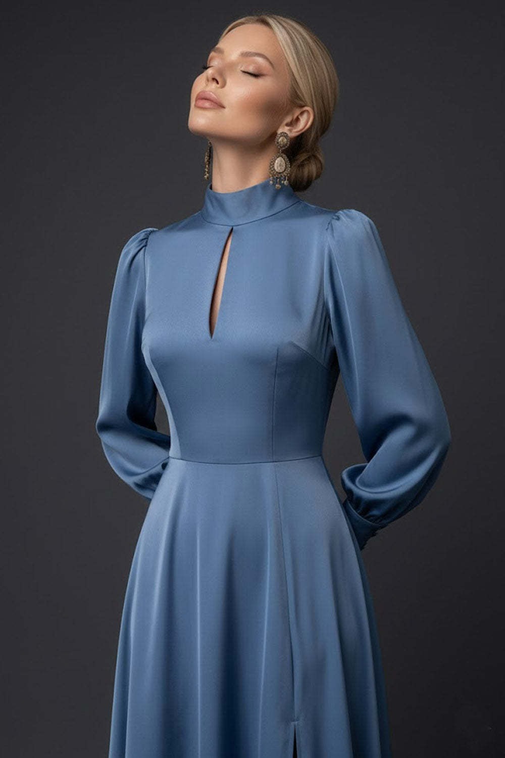 Dusty Blue High Neck Keyhole A Line Long Mother of the Bride Dress with Sleeves