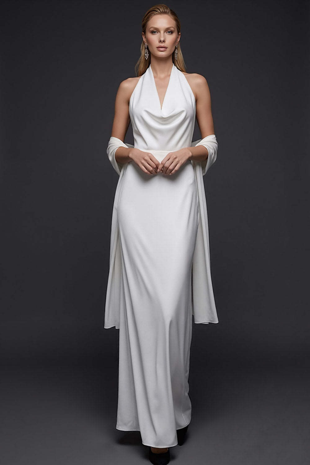 White Mermaid Satin Halter Long White Reception Dress