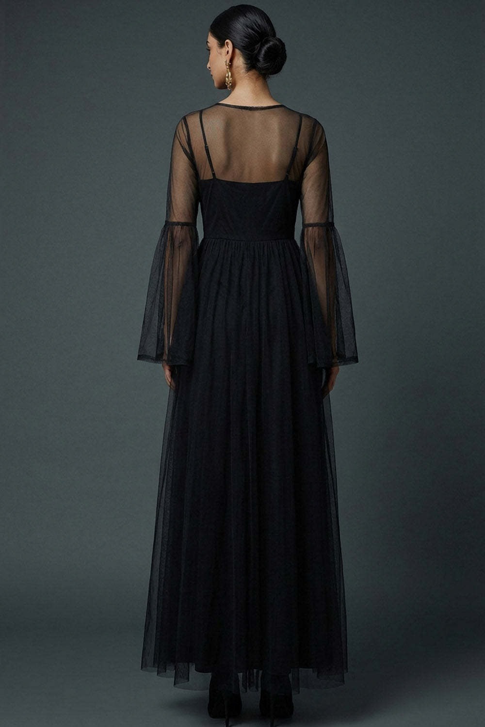 Black A Line Spaghetti Straps Tulle Long Formal Dress with Flutter Sleeves