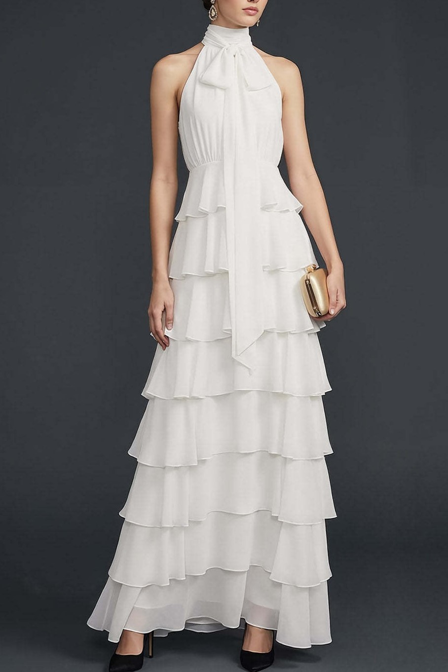 White High Neck Ruffled A Line Maxi Wedding Reception Dress
